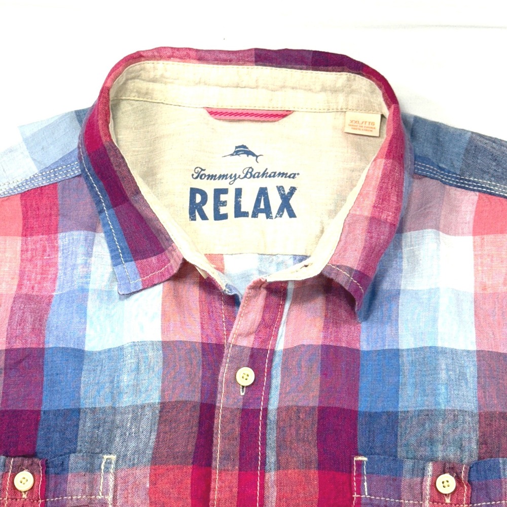 Tommy Bahama Coral Pink blue‎ Linen Button Up Short Sleeve Shirts Men's XXL Vaca